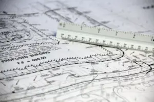 An architectural blueprint and drawing tools on a desk, representing architecture and design